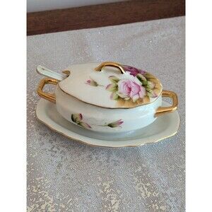Lefton China Vtg Pink Gold Trim Floral Sugar Bowl Lid & Spoon Hand Painted 4668